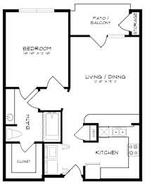 A black and white image of a floor plan for a small apartment.