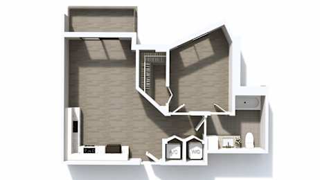 A diagram of a house layout with a living room, kitchen, and bathroom.