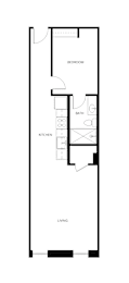 A floor plan of a small apartment with a living room, kitchen, and two bedrooms.