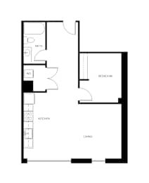A floor plan of a house with a living room, kitchen, bedroom and bathroom.