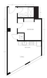 A floor plan of a room with a bedroom, a kitchen, and a living room.