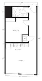 A floor plan of a small apartment with a living room, kitchen, bedroom and bathroom.