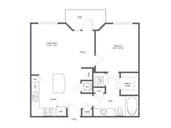 A floor plan of a home with a living room, dining room, kitchen, bathroom, bedroom, and entry.