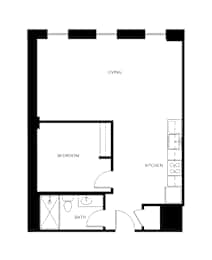 A floor plan of a small apartment with a living room, kitchen, bedroom and bathroom.
