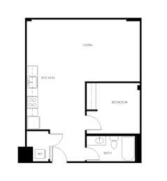A floor plan of a living space with a kitchen and bathroom.