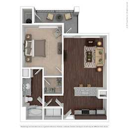A 3D rendered image of a floor plan of a house.