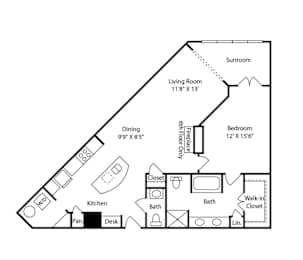 A floor plan of a small apartment with a kitchen, living room, dining area, and bathroom.