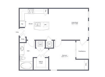A floor plan of a home with a living room, dining room, kitchen, bathroom, bedroom, and pantry.