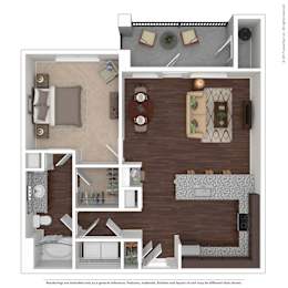 A floor plan of a house with a living room, dining room, kitchen, and bathrooms.