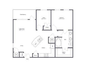 A floor plan of a house with a living room, dining room, kitchen, and bathroom.