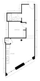 A floor plan of a house with a bedroom, bathroom, and kitchen.