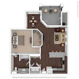 A 3D floor plan of a house with a kitchen, living room, and dining area.