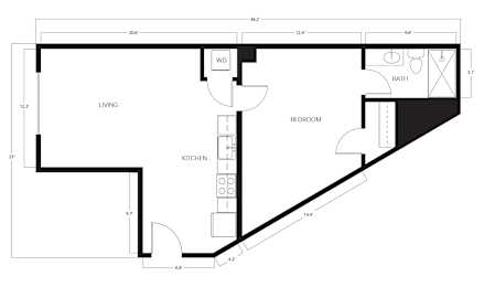 A floor plan of a small apartment with a living room, kitchen, and bedroom.