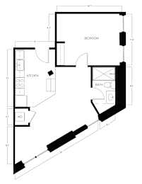A floor plan of a home with a kitchen, bathroom, and bedroom.