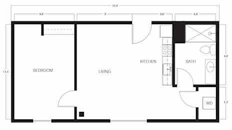 A floor plan of a small apartment with a bedroom, living room, kitchen, and bathroom.