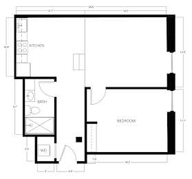 A floor plan of a room with a kitchen, bath, and bedroom.