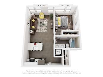 A 3D floor plan of a small apartment with a living room, kitchen, and bedroom.