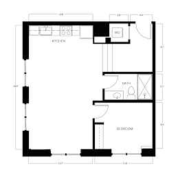 A black and white floor plan of a small apartment with a kitchen, bathroom, and bedroom.