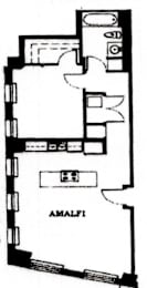 A floor plan of a house with a kitchen, living room, and bathroom.