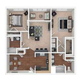 A top-down view of a house layout with a kitchen, living room, dining room, and bathroom.