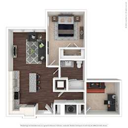 A floor plan of a small apartment with a kitchen, living room, and bedroom.