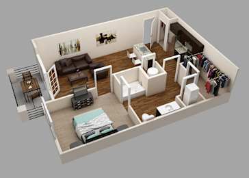 A 3D rendered image of a small apartment layout.