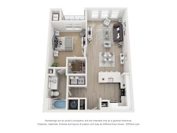 A 3D floor plan of a house with a kitchen, living room, and bathroom.