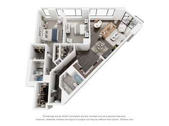 A 3D floor plan of a house with a kitchen, living room, and bathrooms.