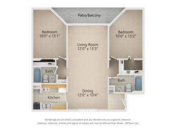 A diagram of a house layout with two bedrooms, a living room, a dining room, a kitchen, and two bathrooms.