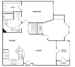 A black and white floor plan of a house with a bedroom, dining area, living room, and storage.