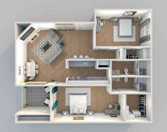 A 3D floor plan of a house with a kitchen, living room, and bathroom.