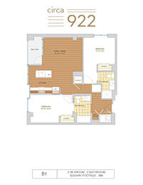 A floor plan for a Circa 922 apartment shows two bedrooms and two bathrooms.