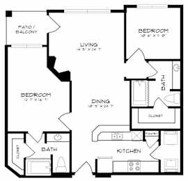 A black and white image of a house floor plan with a living room, two bedrooms, a bathroom, a kitchen, a pantry, and a closet.