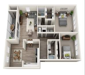 A floor plan of a house with a living room, kitchen, and two bedrooms.