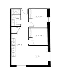 A floor plan of a home with a living room, two bedrooms, and a kitchen.