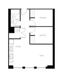 A black and white image of a floor plan for a house with a living room, kitchen, two bedrooms, and a bathroom.