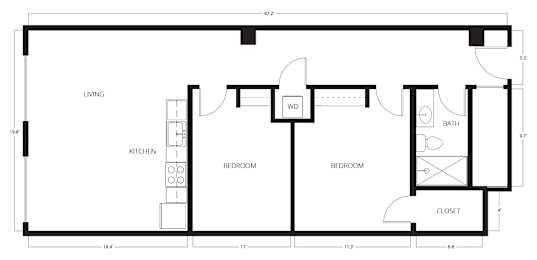A black and white floor plan of a house with a living room, kitchen, two bedrooms, a bathroom, and a closet.