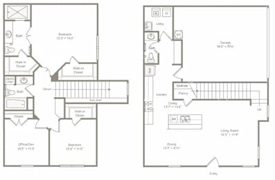 A floor plan of a house with two bedrooms, an office, a bathroom, a kitchen, a pantry, a dining room, and a garage.