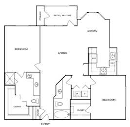 A black and white image of a house floor plan with a dining area, living room, and two bedrooms.
