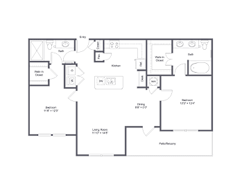 A floor plan of a house with a living room, dining room, kitchen, two bathrooms, a bedroom, and a pantry.