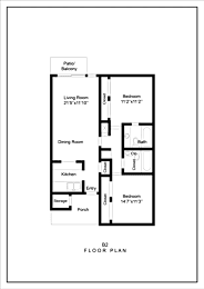 A floor plan of a house with a living room, dining room, kitchen, two bedrooms, a bath, and a porch.