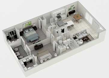 A 3D rendered image of a house layout.