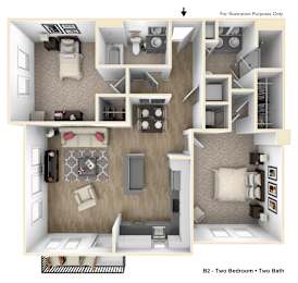 A floor plan of apartment B2 with two bedrooms and two bathrooms.