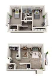 A floor plan of a two-story apartment with a living room, kitchen, and bedrooms.