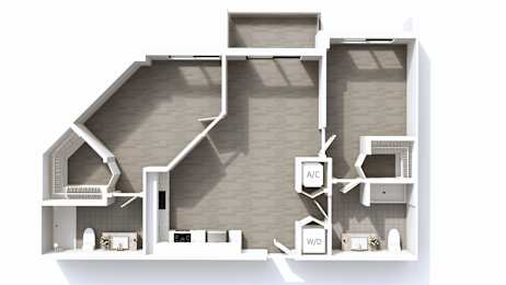A 3D floor plan of a house with labeled rooms.