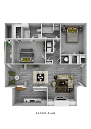 A floor plan of a two-story apartment with a living room, kitchen, and bedrooms.