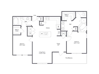A floor plan of a house with a living room, dining room, kitchen, and bedrooms.
