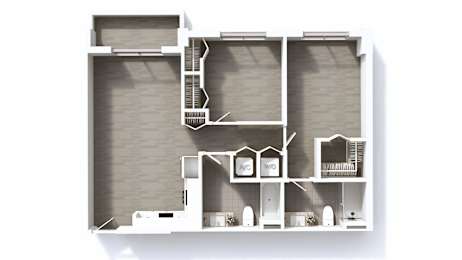 A diagram of a house layout with a kitchen, living room, and bathrooms.
