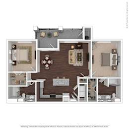 A floor plan of a house with a living room, dining room, kitchen, and two bedrooms.