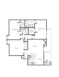 A floor plan of a house with two bedrooms, a study, a living room, a kitchen, a dining room, and storage.